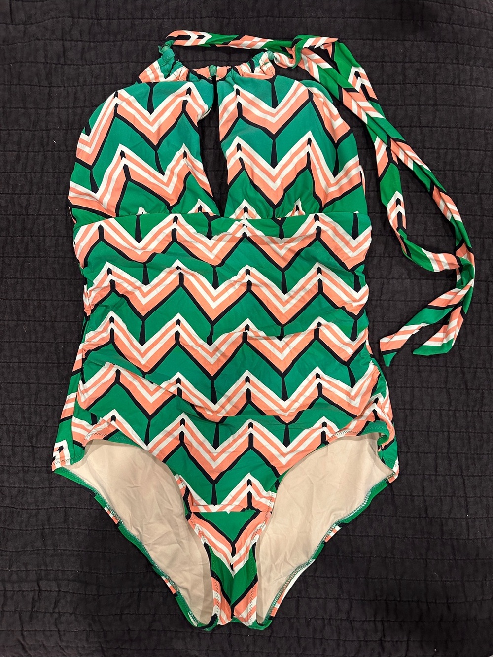 Anthropologie Green Chevron One-Piece Swimsuit with Peach and White Accents
